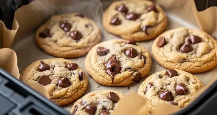 air fryer baking chocolate chip cookies on parchment paper basket close up view fresh homemade cookies cooking quickly