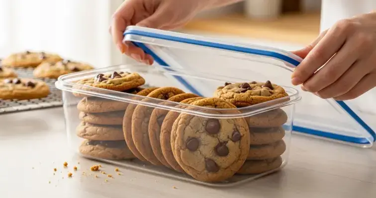 fresh baked cookies being stored in airtight container for freezing